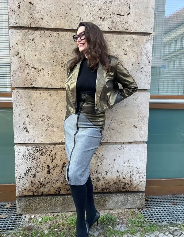Blazer Cropped Denim gold beschichtet 1 Blazer Cropped Denim gold beschichtet